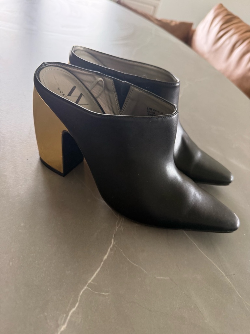 Worthington Black Leather Pointed Mule with Gold Block Heel